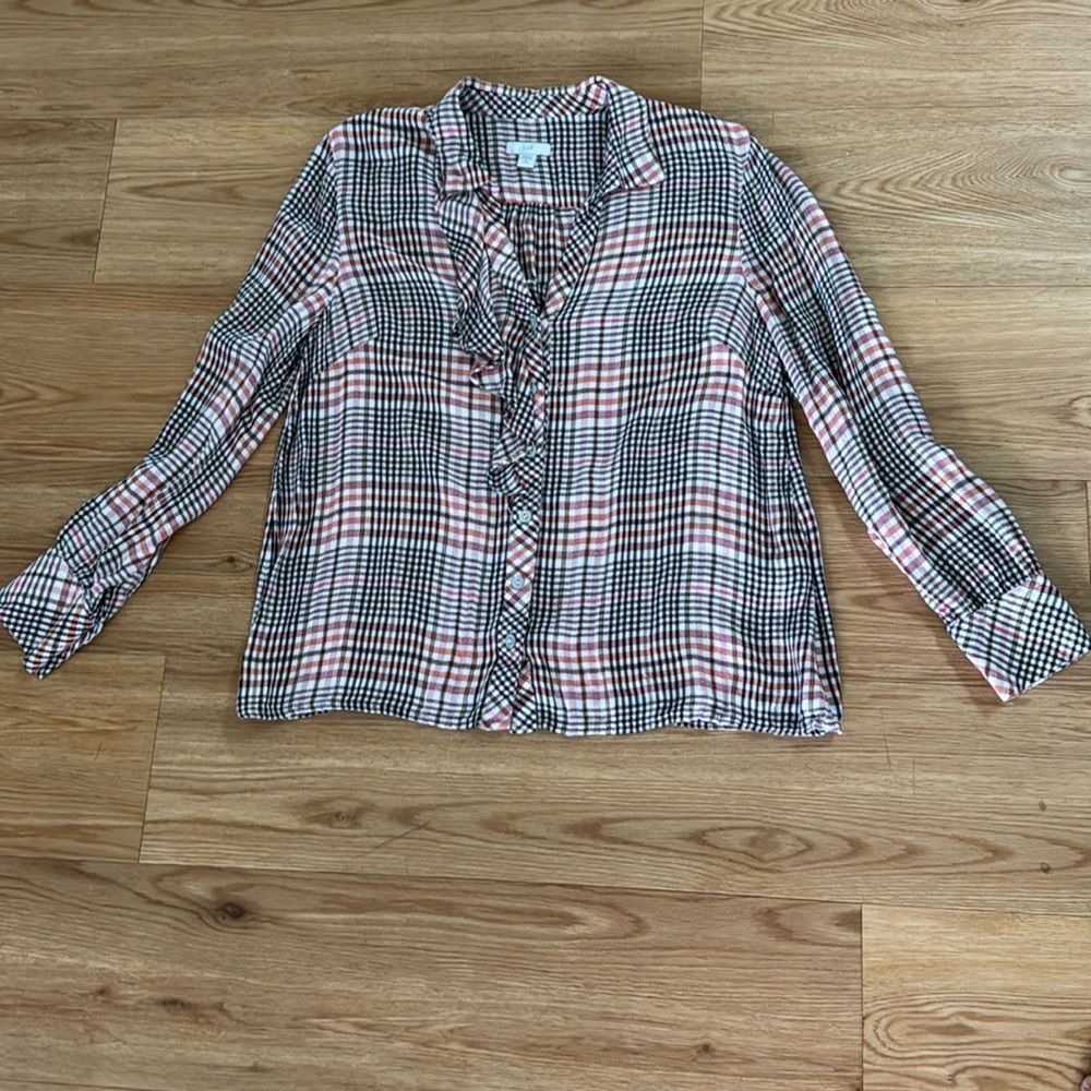 J. Jill Women's Plaid Ruffle Front Button Down Blouse Small Petite Neutral Cozy